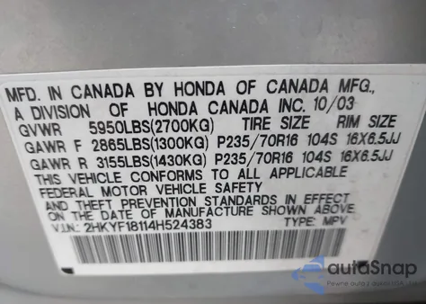 2004 Honda Pilot Lx from USA, damaged, VIN 2HKYF18114H524383